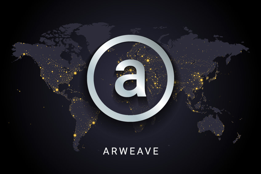 Arweave (AR) cryptocurrency logo against a global background